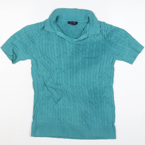 Lands' End Women Blue S Cable Knit Short Sleeve Collared Henley Jumper