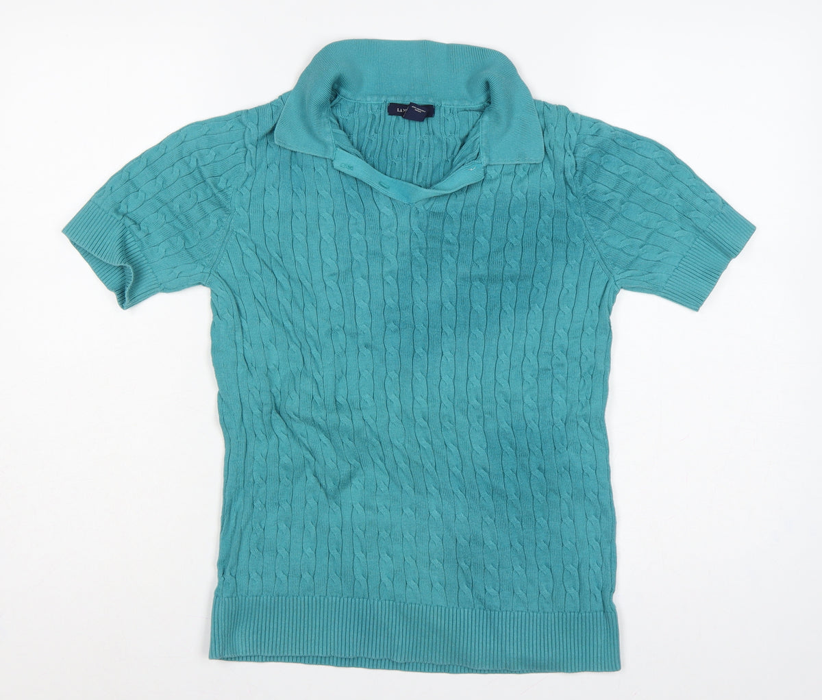Lands' End Women Blue S Cable Knit Short Sleeve Collared Henley Jumper