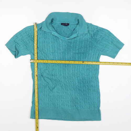 Lands' End Women Blue S Cable Knit Short Sleeve Collared Henley Jumper