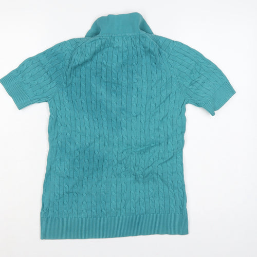 Lands' End Women Blue S Cable Knit Short Sleeve Collared Henley Jumper