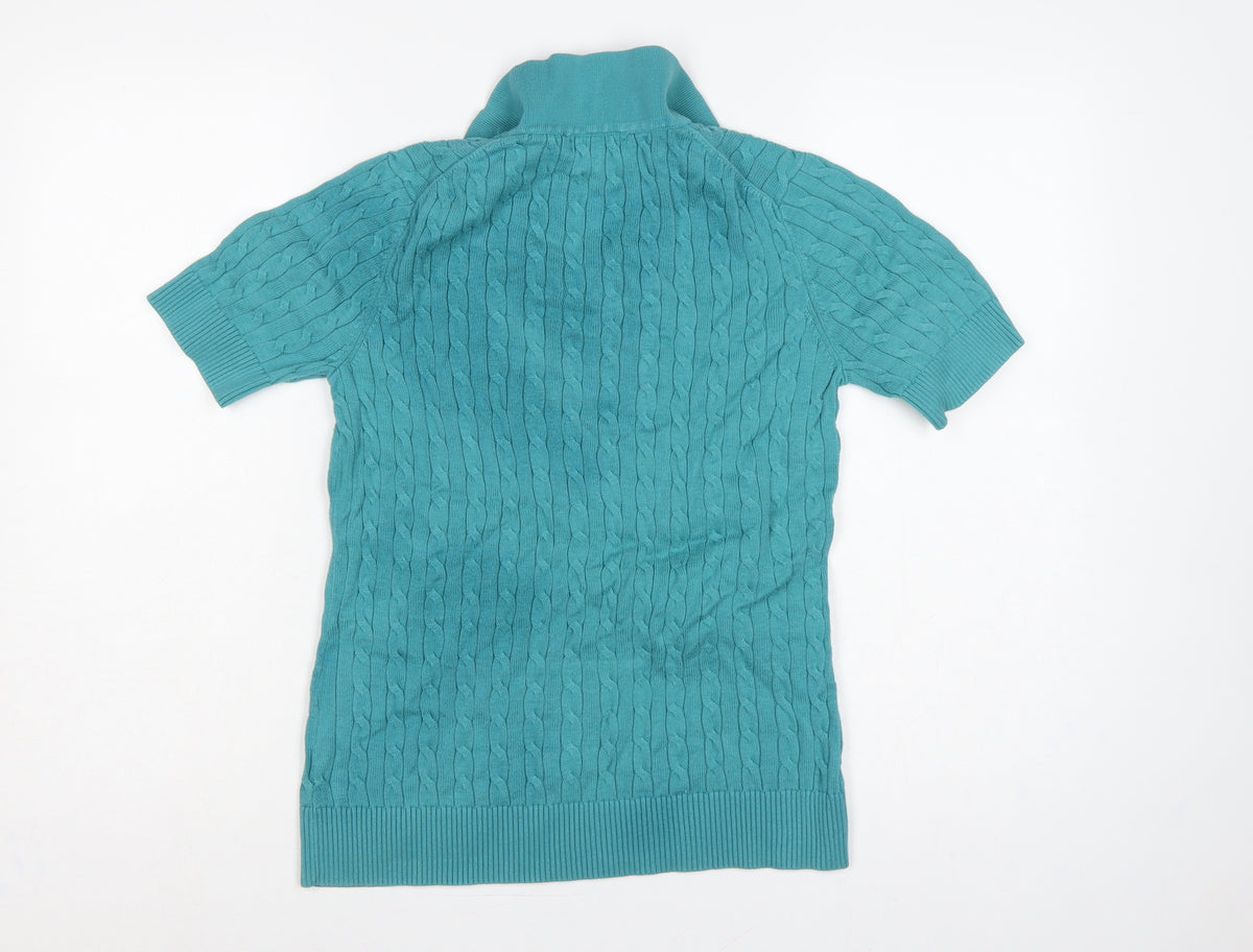 Lands' End Women Blue S Cable Knit Short Sleeve Collared Henley Jumper