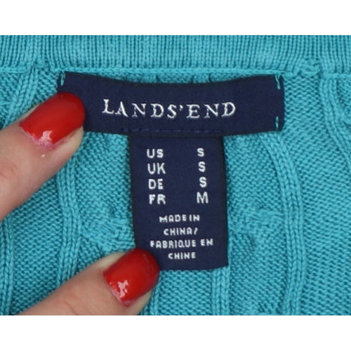 Lands' End Women Blue S Cable Knit Short Sleeve Collared Henley Jumper