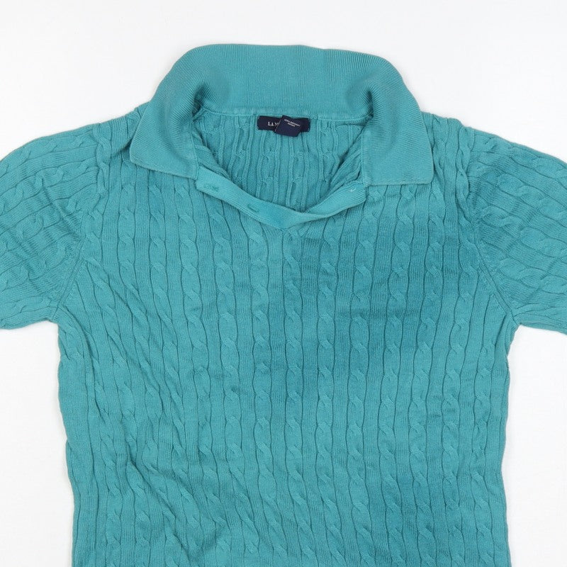 Lands' End Women Blue S Cable Knit Short Sleeve Collared Henley Jumper