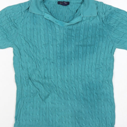Lands' End Women Blue S Cable Knit Short Sleeve Collared Henley Jumper