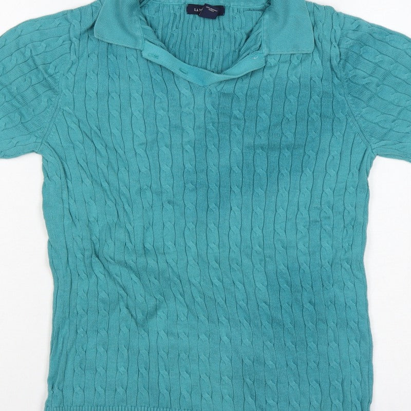 Lands' End Women Blue S Cable Knit Short Sleeve Collared Henley Jumper