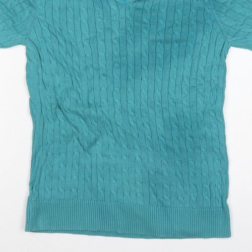 Lands' End Women Blue S Cable Knit Short Sleeve Collared Henley Jumper