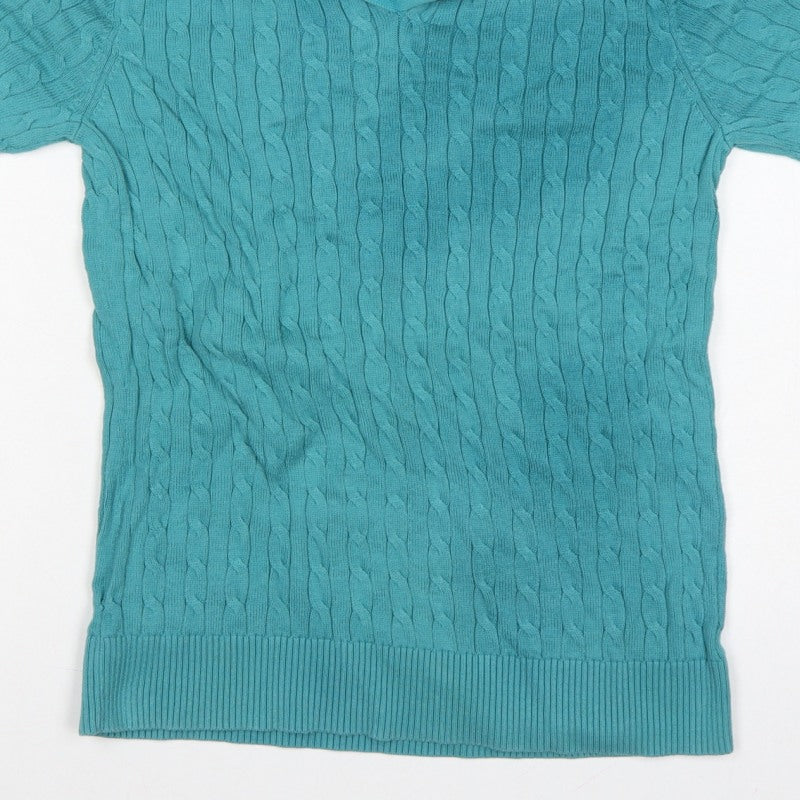 Lands' End Women Blue S Cable Knit Short Sleeve Collared Henley Jumper
