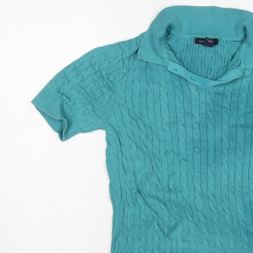 Lands' End Women Blue S Cable Knit Short Sleeve Collared Henley Jumper