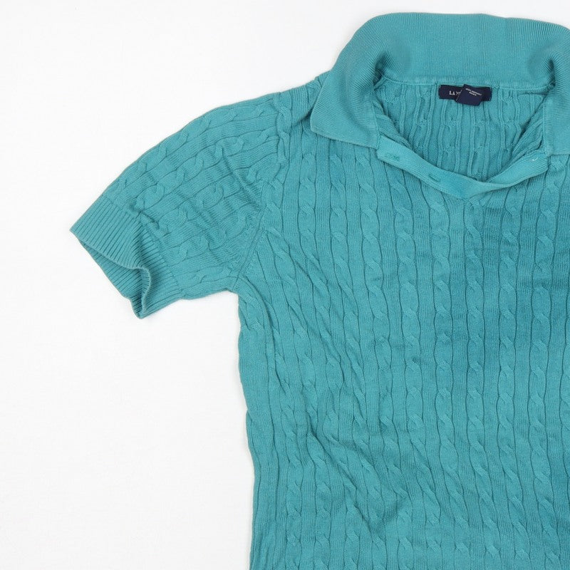 Lands' End Women Blue S Cable Knit Short Sleeve Collared Henley Jumper