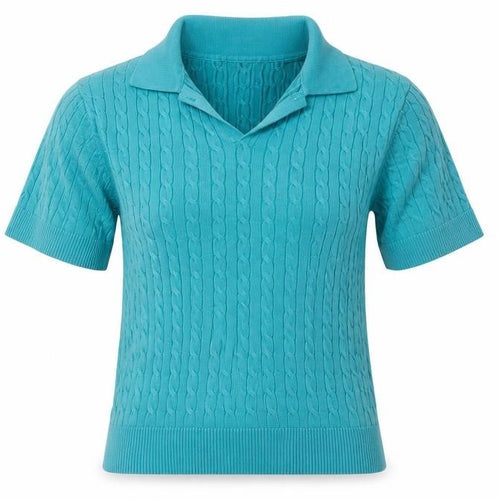 Lands' End Women Blue S Cable Knit Short Sleeve Collared Henley Jumper