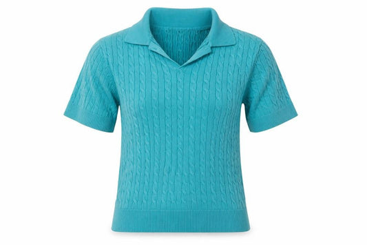 Lands' End Women Blue S Cable Knit Short Sleeve Collared Henley Jumper