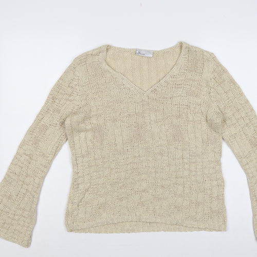 Bhs Women Beige Size 16 V-Neck Open Knit Bell Sleeve Jumper