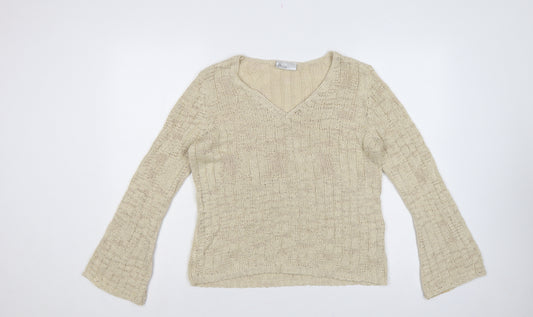 Front view of Bhs Women Beige, size 16, V-Neck Open Knit Bell Sleeve Jumper