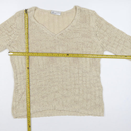 Bhs Women Beige Size 16 V-Neck Open Knit Bell Sleeve Jumper