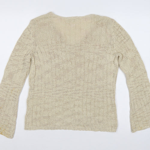 Bhs Women Beige Size 16 V-Neck Open Knit Bell Sleeve Jumper