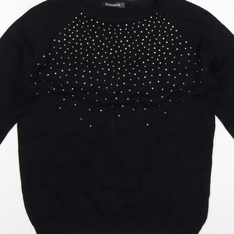 Bonmarché Women Black Size S Studded Round Neck Knit Jumper