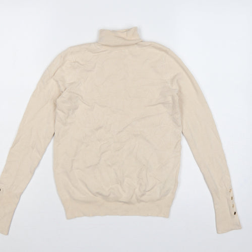 Zara Women Ivory Roll Neck Knit Jumper Size 8 Long Sleeve Buttons