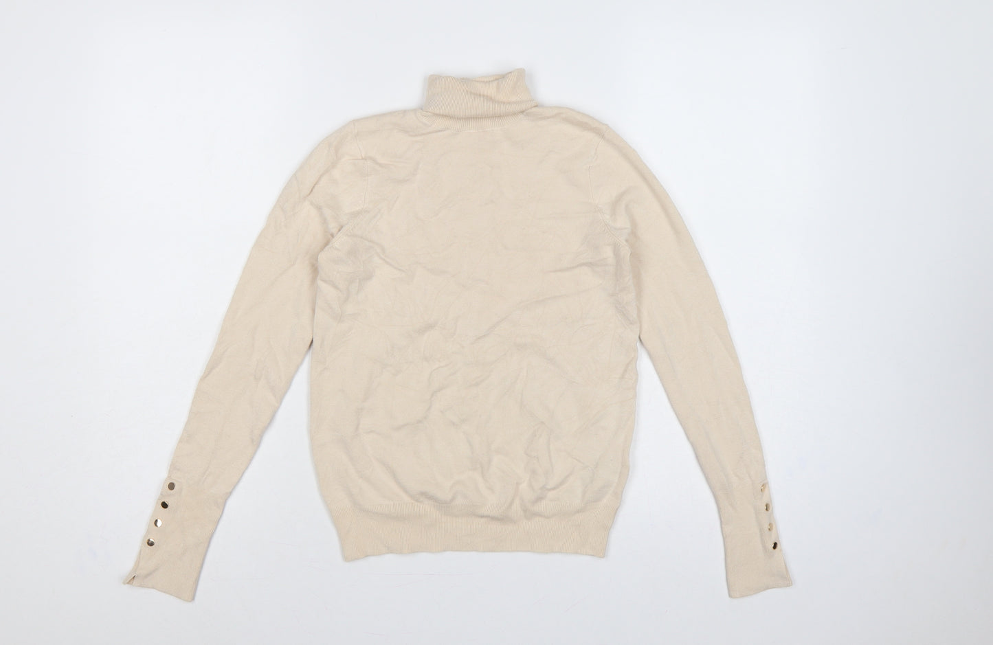 Zara Women Ivory Roll Neck Knit Jumper Size 8 Long Sleeve Buttons