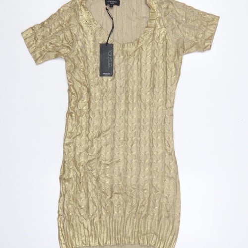 Aftershock London Women Gold L Cable Knit Jumper Dress Short Sleeve