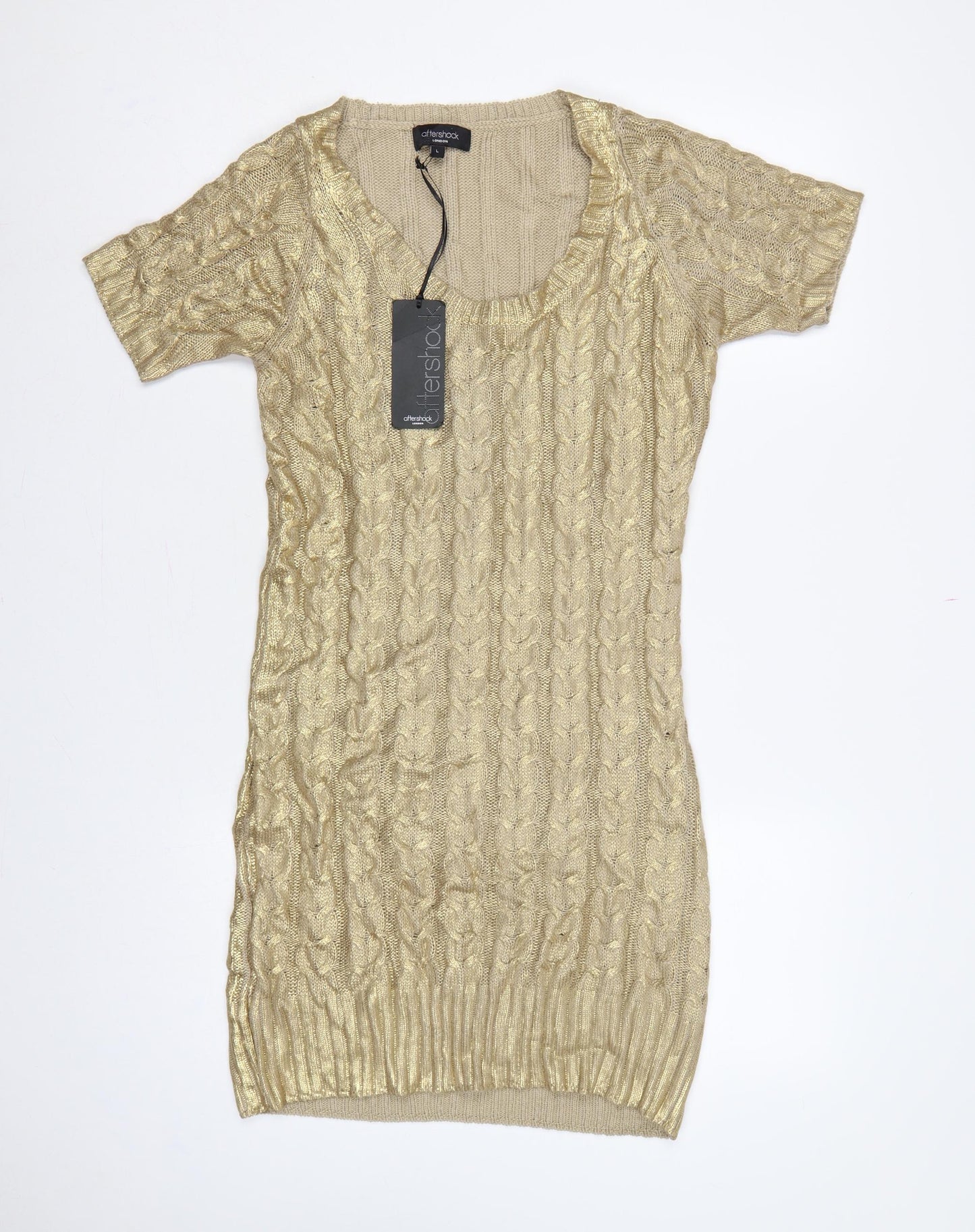 Aftershock London Women Gold L Cable Knit Jumper Dress Short Sleeve