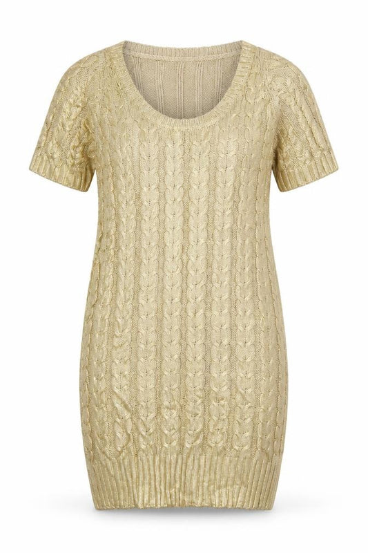 Front view of Aftershock London Women Gold L Cable Knit Jumper Dress Short Sleeve