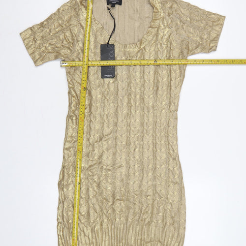 Aftershock London Women Gold L Cable Knit Jumper Dress Short Sleeve