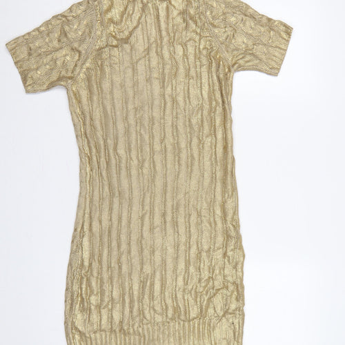 Aftershock London Women Gold L Cable Knit Jumper Dress Short Sleeve