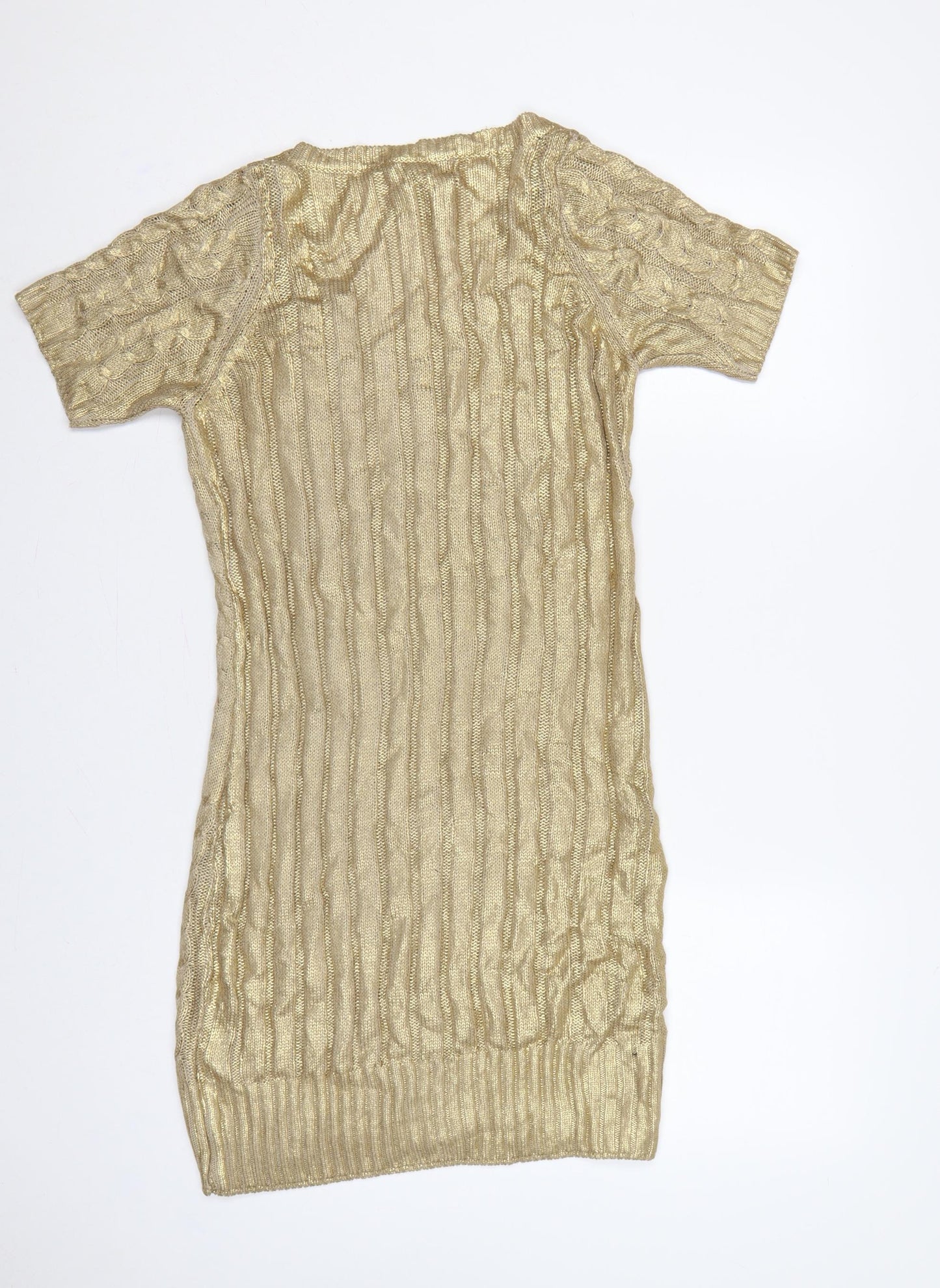 Aftershock London Women Gold L Cable Knit Jumper Dress Short Sleeve
