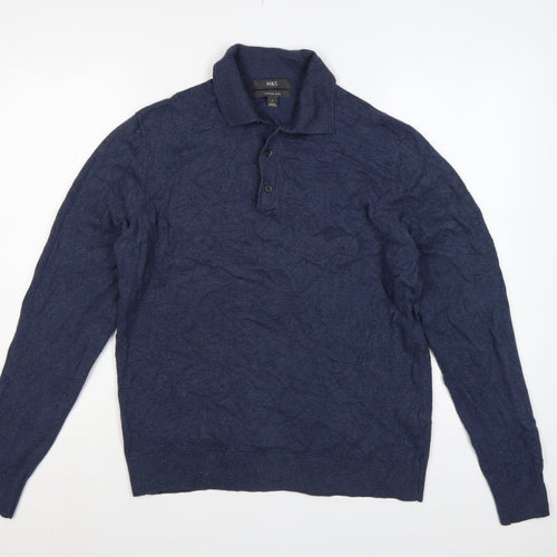 Marks and Spencer Men Blue M Cotton Rich Collared Henley Jumper