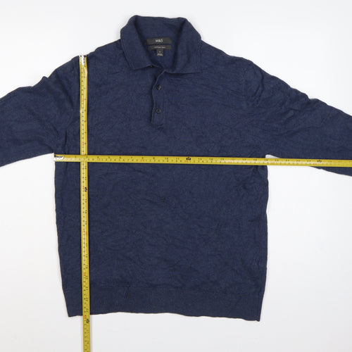 Marks and Spencer Men Blue M Cotton Rich Collared Henley Jumper