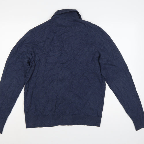 Marks and Spencer Men Blue M Cotton Rich Collared Henley Jumper