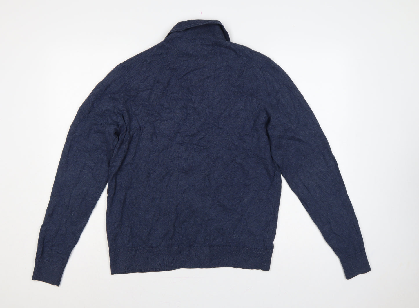 Marks and Spencer Men Blue M Cotton Rich Collared Henley Jumper