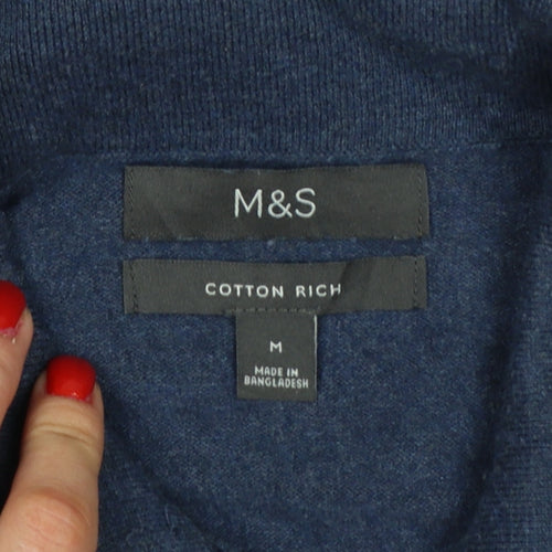 Marks and Spencer Men Blue M Cotton Rich Collared Henley Jumper