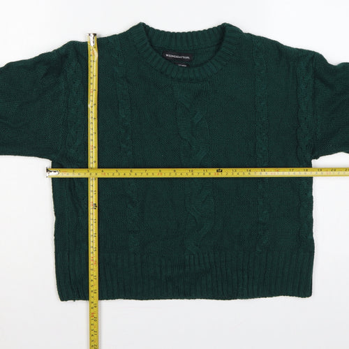 Wednesday's Girl Women Green S Cable-Knit Crew Neck Acrylic Pullover