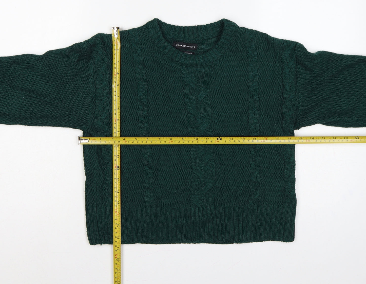 Wednesday's Girl Women Green S Cable-Knit Crew Neck Acrylic Pullover