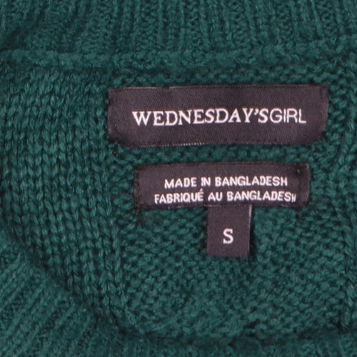 Wednesday's Girl Women Green S Cable-Knit Crew Neck Acrylic Pullover