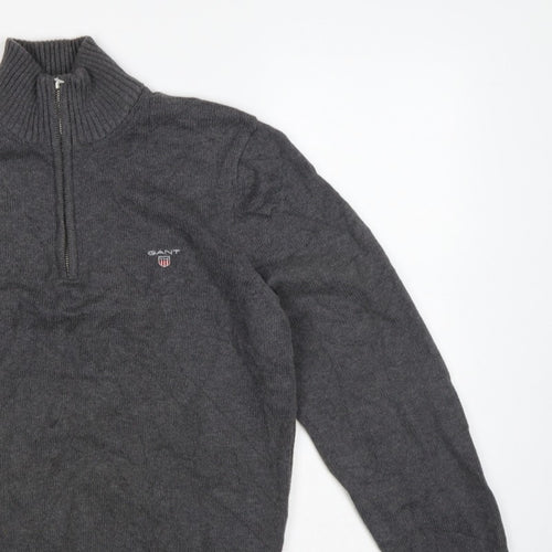 GANT Men’s Grey M Half Zip High Neck Logo Knit Jumper Pullover