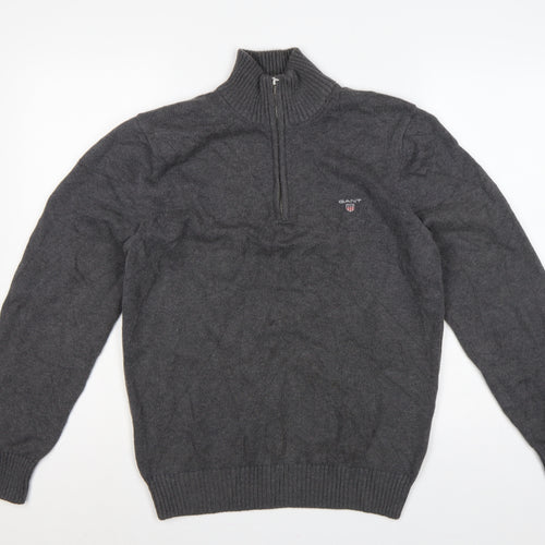 GANT Men’s Grey M Half Zip High Neck Logo Knit Jumper Pullover