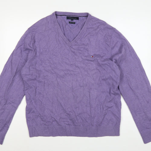 Tommy Hilfiger Men’s Purple XL Cotton Cashmere V-Neck Pullover Jumper