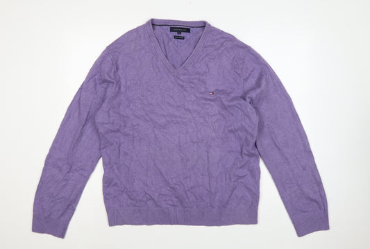 Tommy Hilfiger Men’s Purple XL Cotton Cashmere V-Neck Pullover Jumper