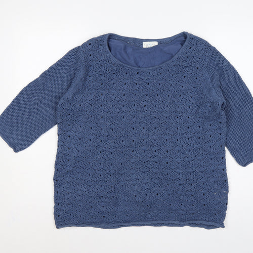 Country Rose Women Blue L Open Knit 3/4 Sleeve Pullover Jumper