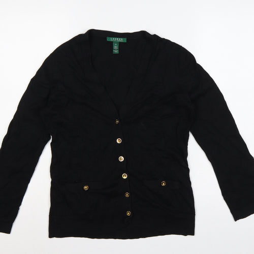 Lauren Ralph Lauren Women Black M V-Neck Cotton Button Cardigan