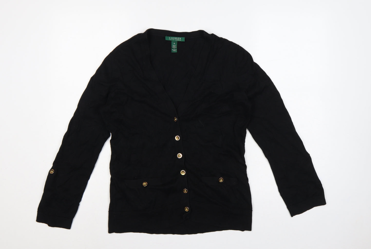 Lauren Ralph Lauren Women Black M V-Neck Cotton Button Cardigan