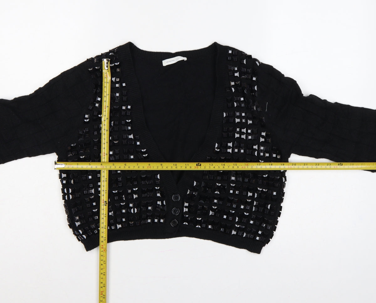 Selected Femme Women Black XL Embellished V-Neck Cropped Cardigan