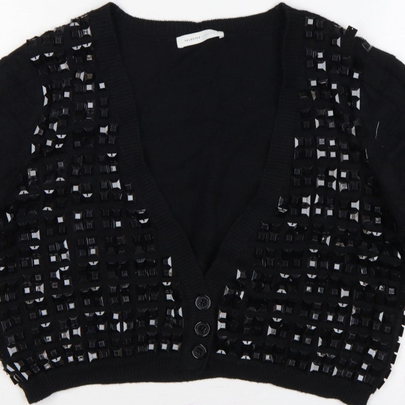 Selected Femme Women Black XL Embellished V-Neck Cropped Cardigan