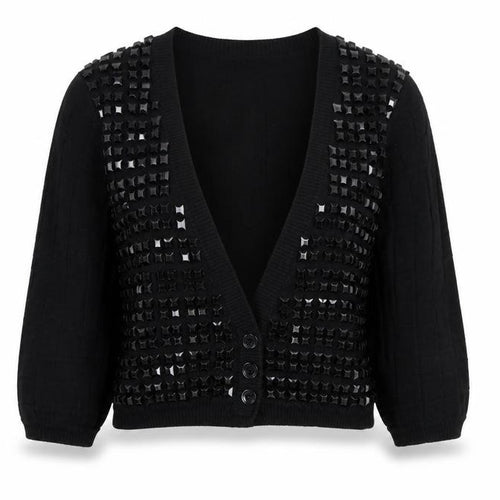 Selected Femme Women Black XL Embellished V-Neck Cropped Cardigan