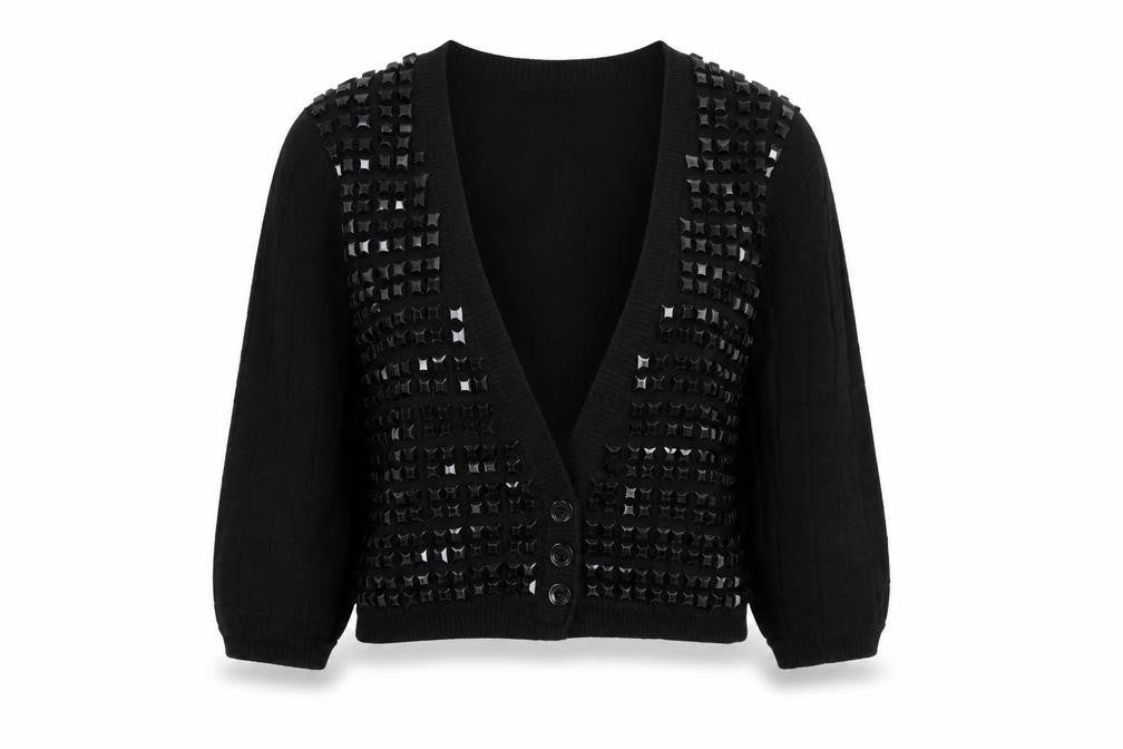Selected Femme Women Black XL Embellished V-Neck Cropped Cardigan