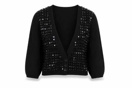 Selected Femme Women Black XL Embellished V-Neck Cropped Cardigan