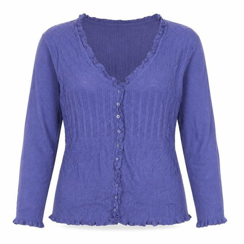 M&Co Women’s Blue L Cable Knit Ruffle V-Neck Cardigan