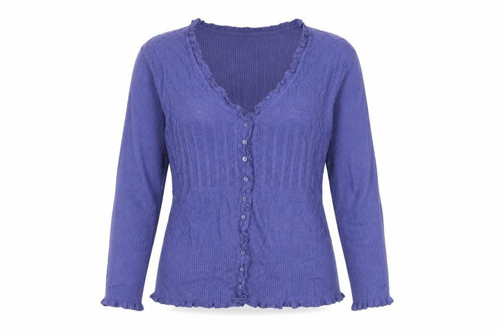M&Co Women’s Blue L Cable Knit Ruffle V-Neck Cardigan